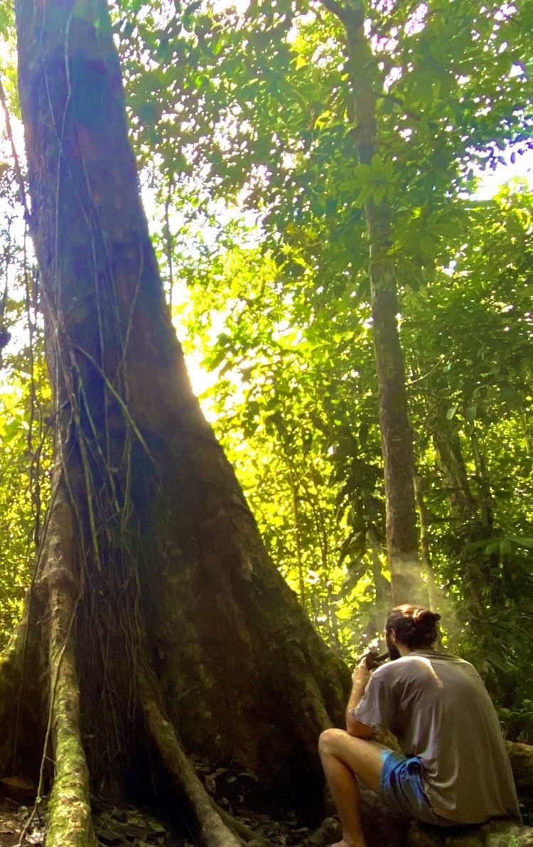 A student sits with tobacco smoke at the base of a Noya Rao tree